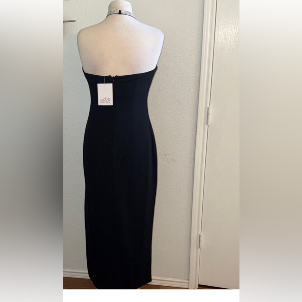 Badgley Mischka Black Strapless Midi Dress with Silver Halter Tie - Picture 3 of 11